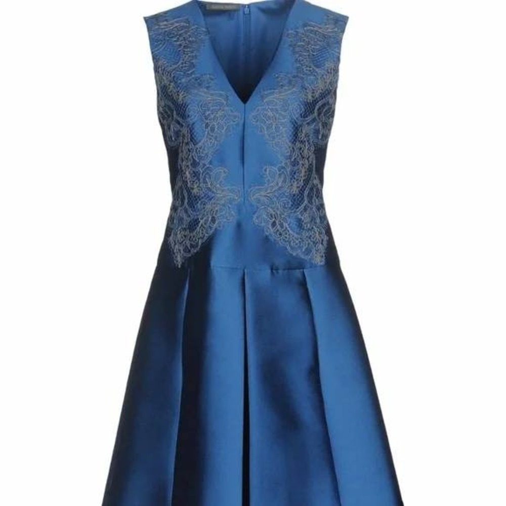 Alberta Ferretti Blue Silk Blend V Neck Lace Accent Pleated Dress Size 12